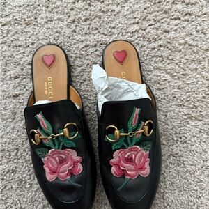 Gucci Black Mules with Pink Floral Embroidery